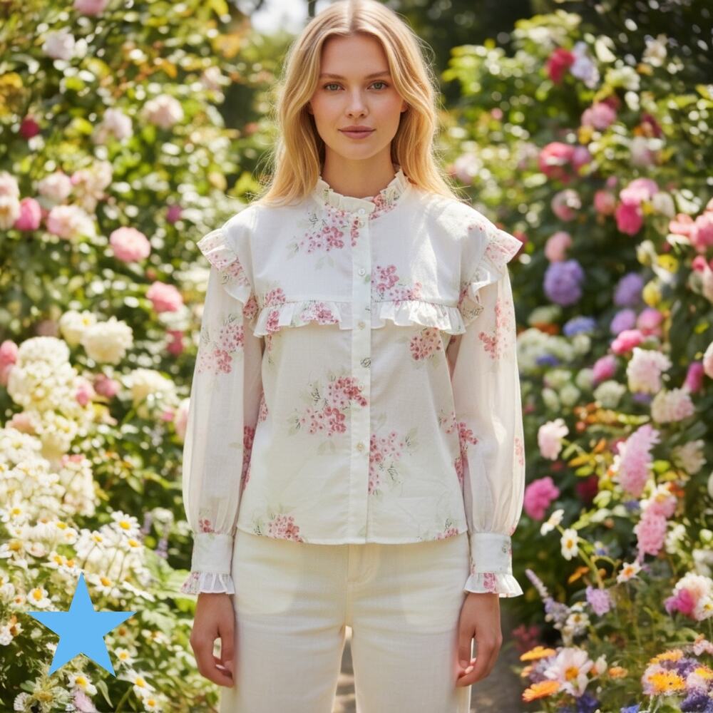 Rebecca Taylor Maia Ivory & Pink Floral Ruffled Victorian Cotton Blouse Sz 10 L